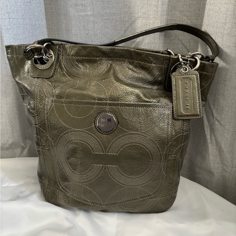 Coach Alex Olive Green Patent Leather Tote Bag